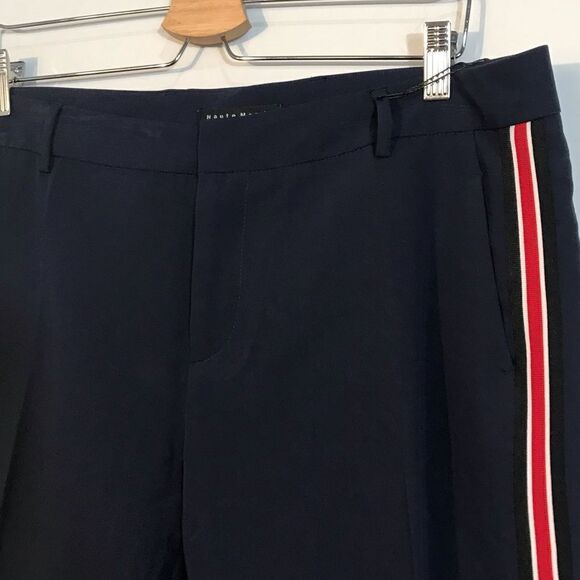 HAUTE MONDE Slim Cropped Navy Pants With Red Side Stripe - Picture 3 of 8